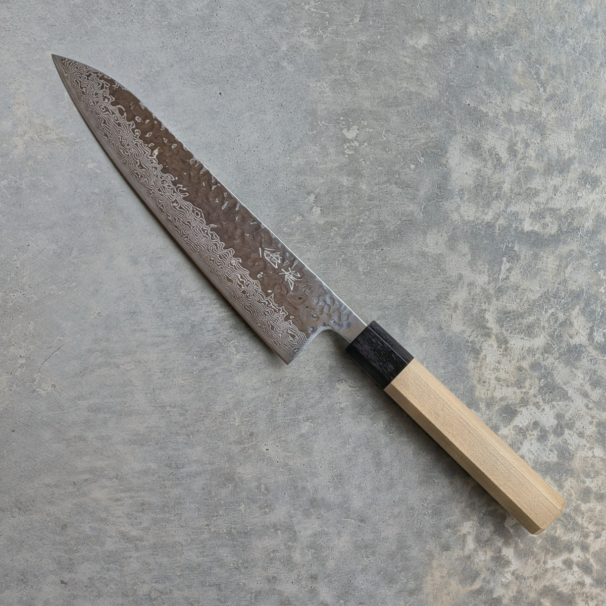 10A Damascus Tsuchime Gyuto 210mm Black Pakkawood & Magnolia Handle
